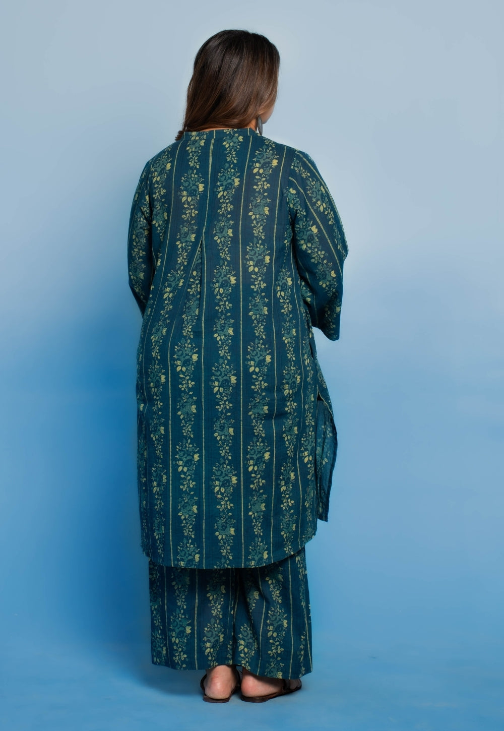 Harshi Teal Blue Dabu Mul Cotton Straight Co-Ord Set