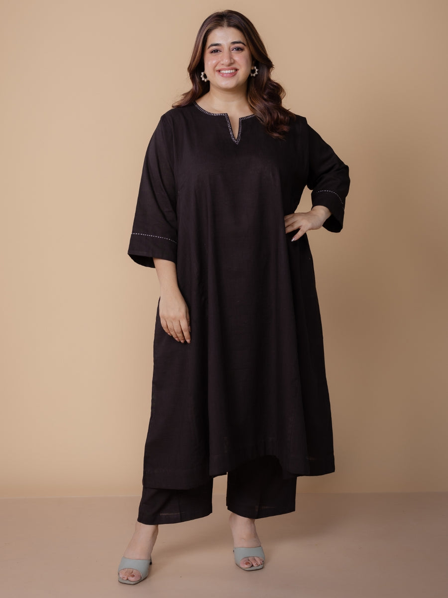 Nyra Black Solid Slub Cotton Jhabbha Kali Kurta with Hand Embroidery