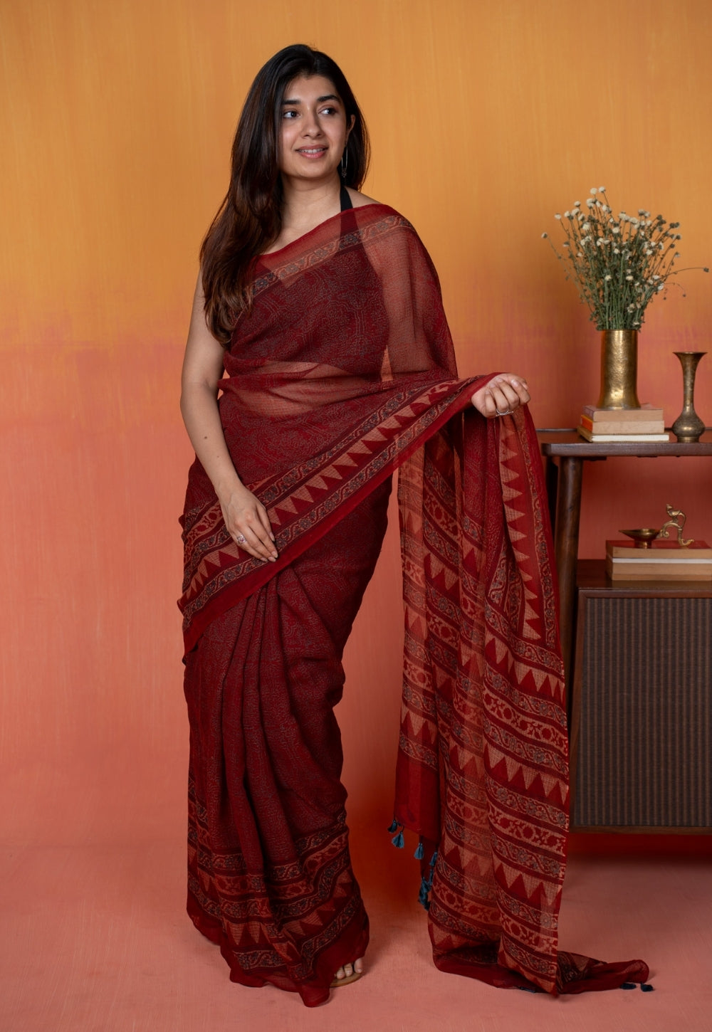 Red Tribal Ajrkah Hand Block Print Kota Doria Cotton Saree