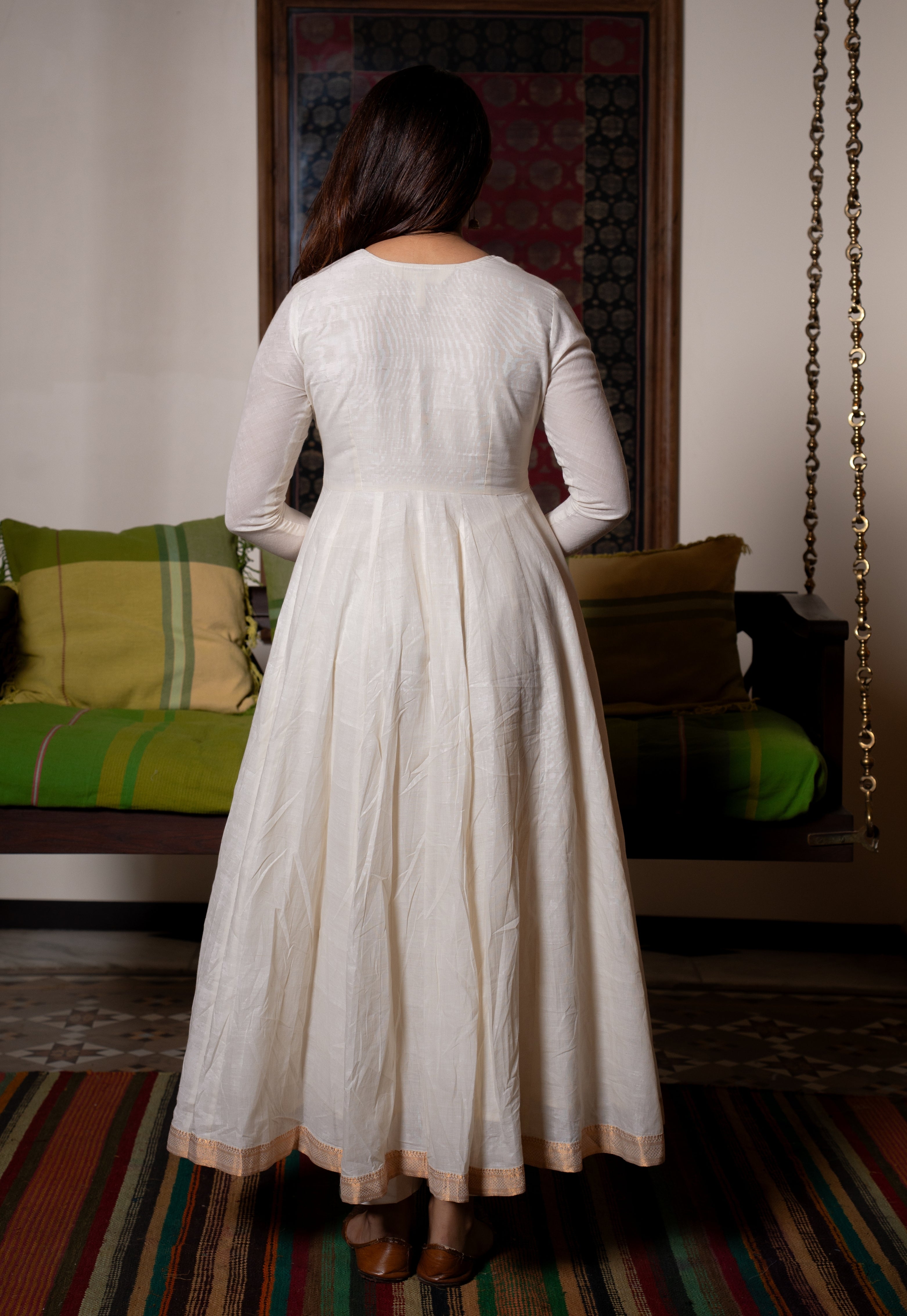 Husna White Mangalgiri Cotton Kali Kurta with Nizam Border