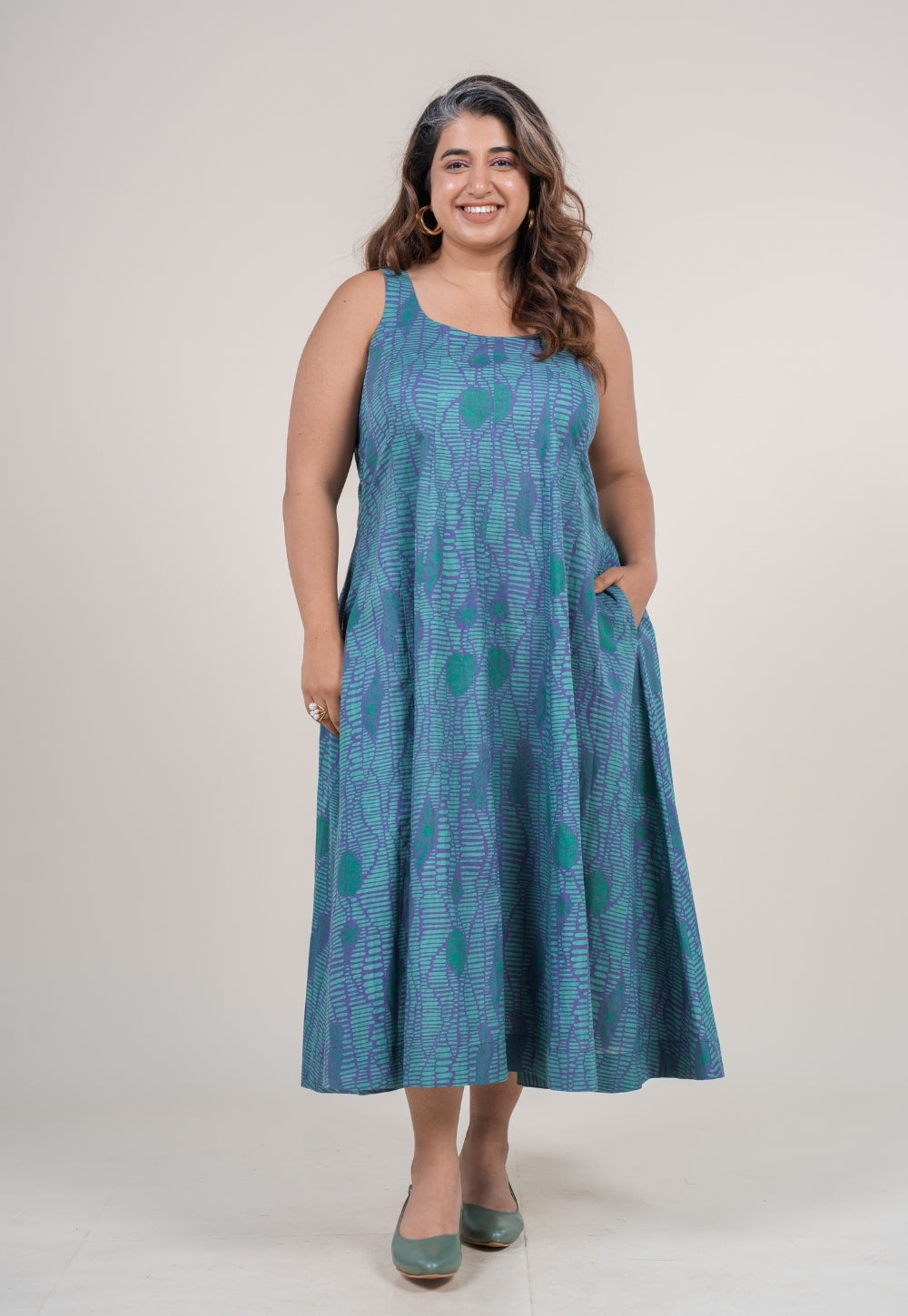 Tira Teal Blue Printed Cotton A Line Dress