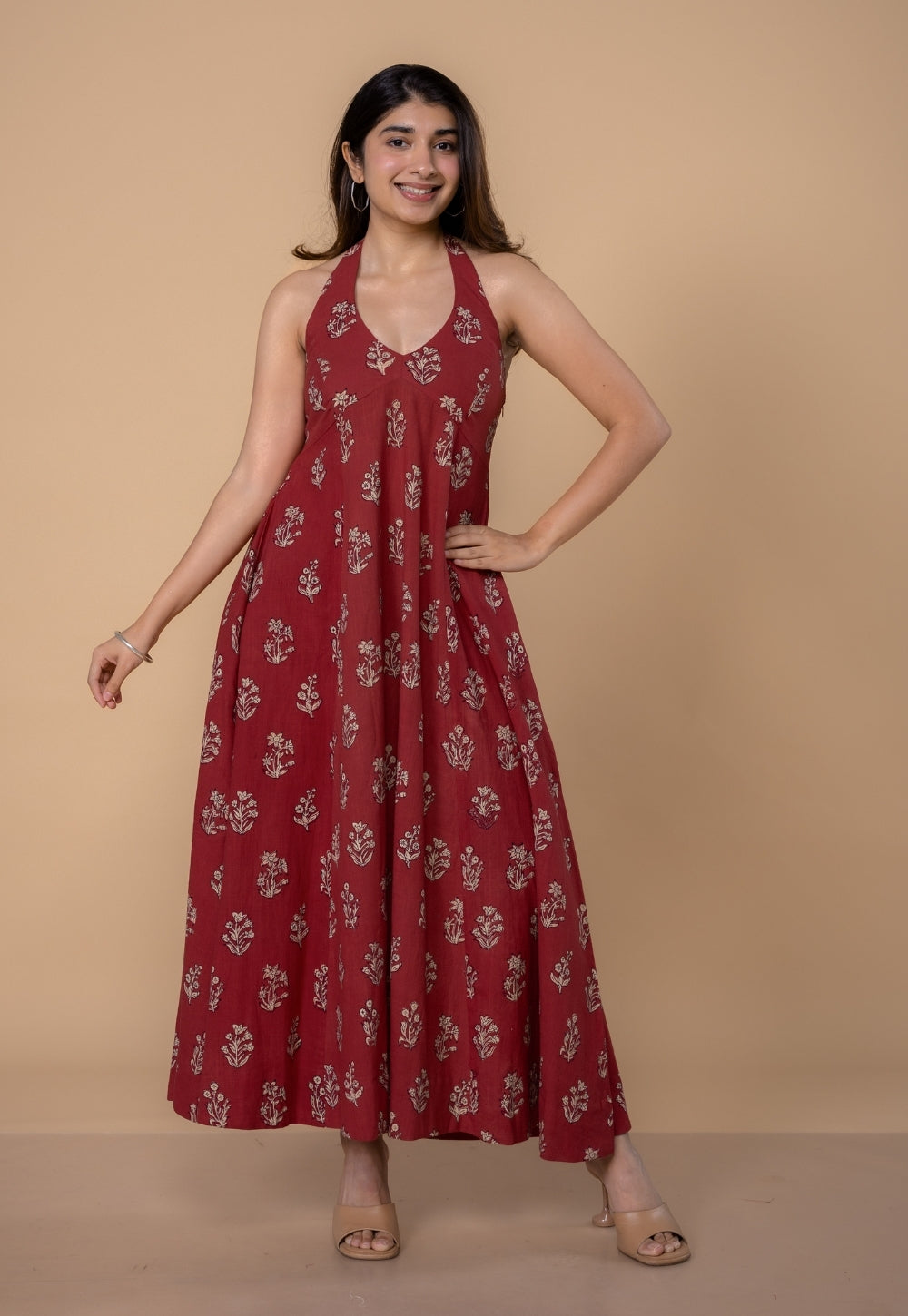 Sanyukta Red Dabu Slub Cotton A Line Dress