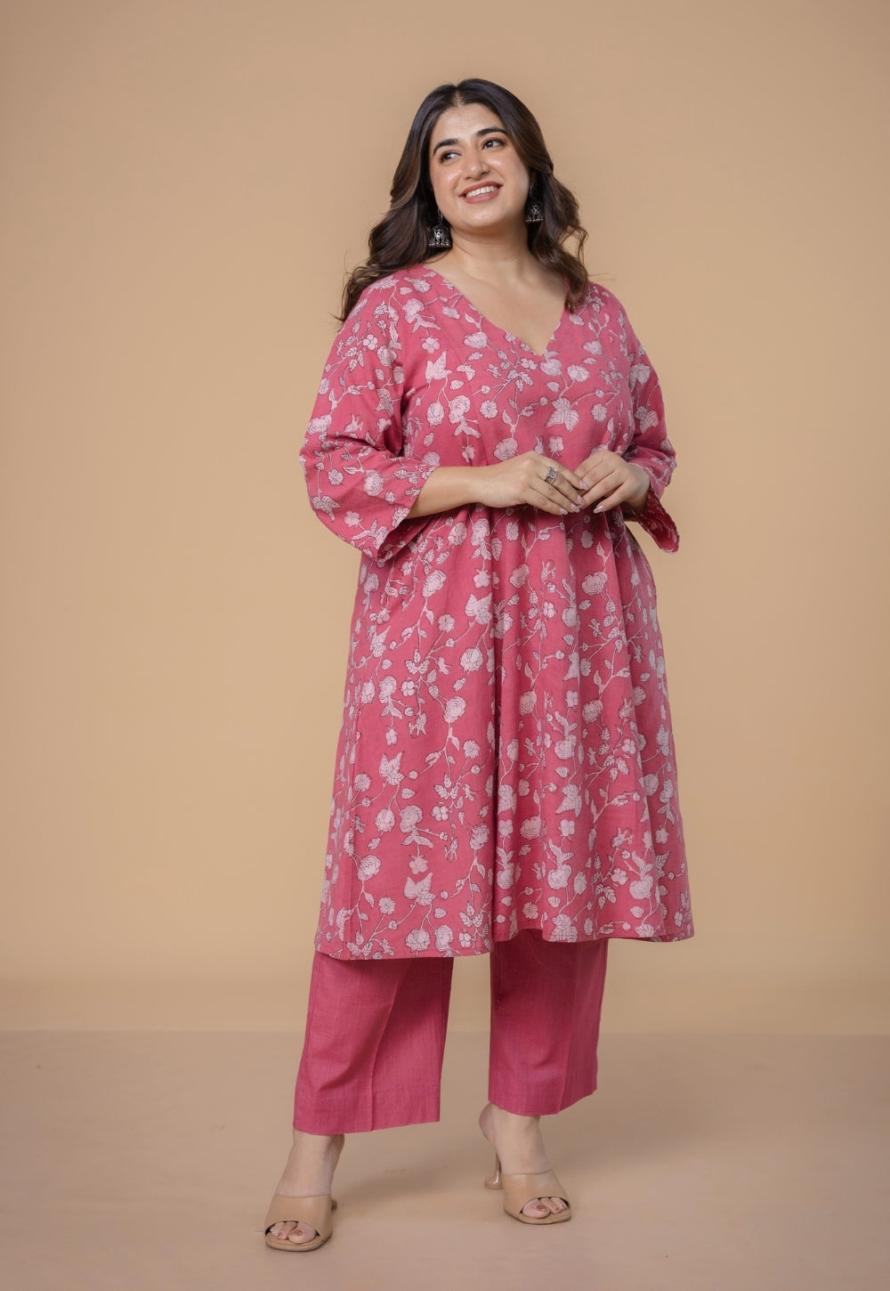 Karisma Pink Dabu Slub Cotton Kali Kurta Set (Set of 2)