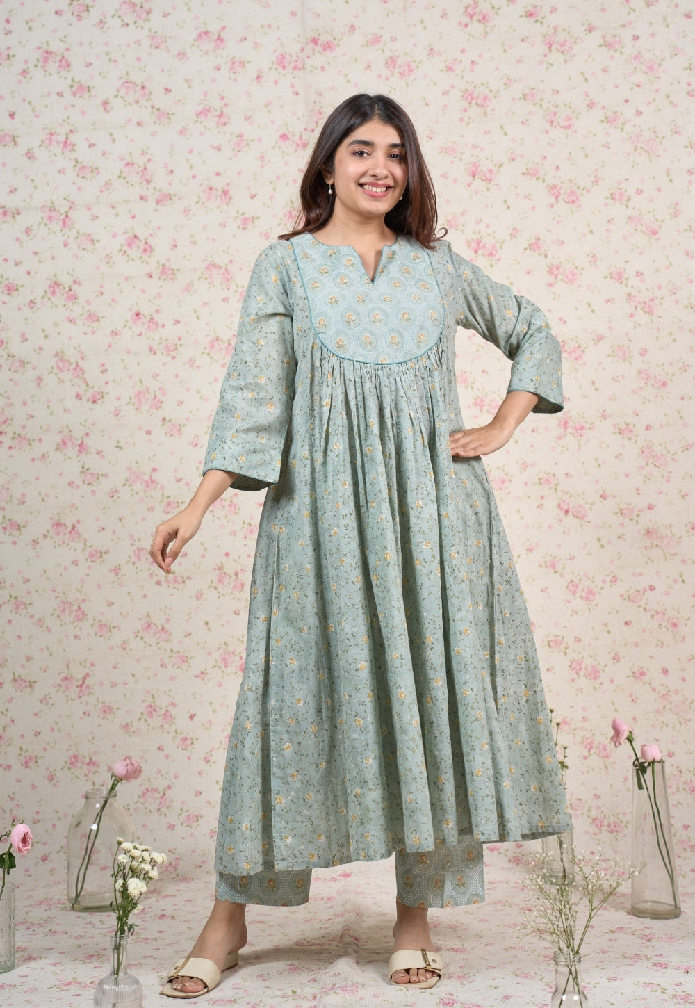 Zelda Blue Sanganeri Mul Cotton Kali Kurta Set (Set of 2)