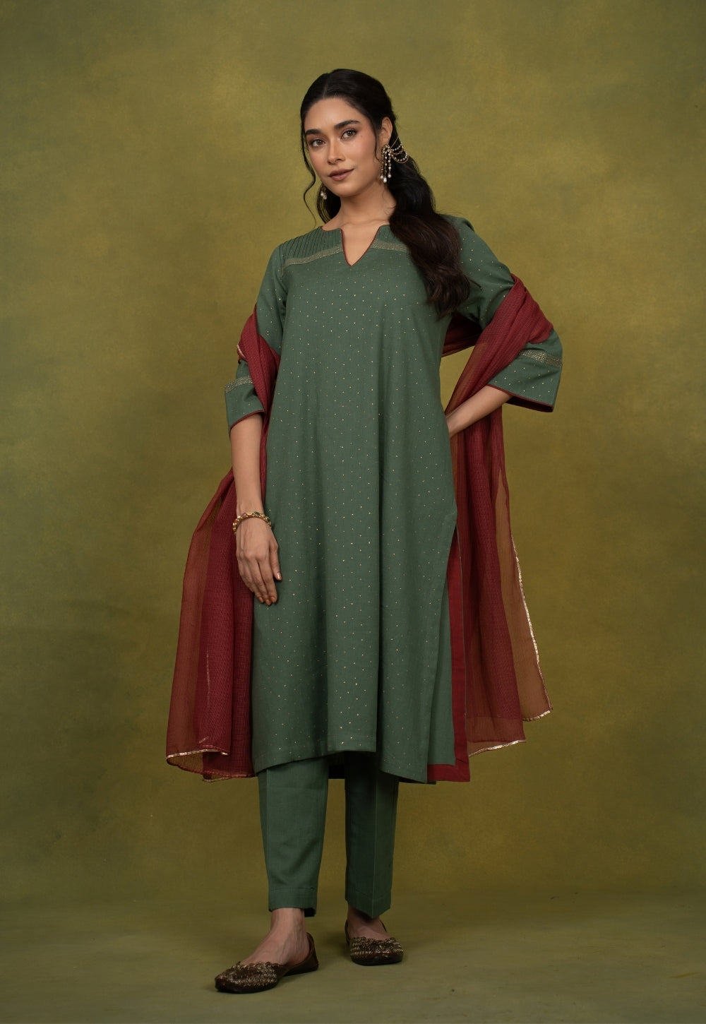 Ishira Green Rogan Handblock Printed Cotton Straight Kurta Suit Set (Set of 3)