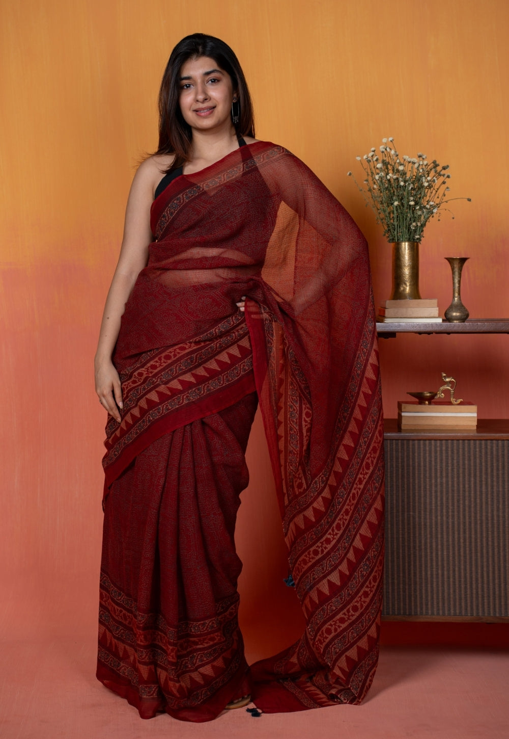 Red Tribal Ajrkah Hand Block Print Kota Doria Cotton Saree