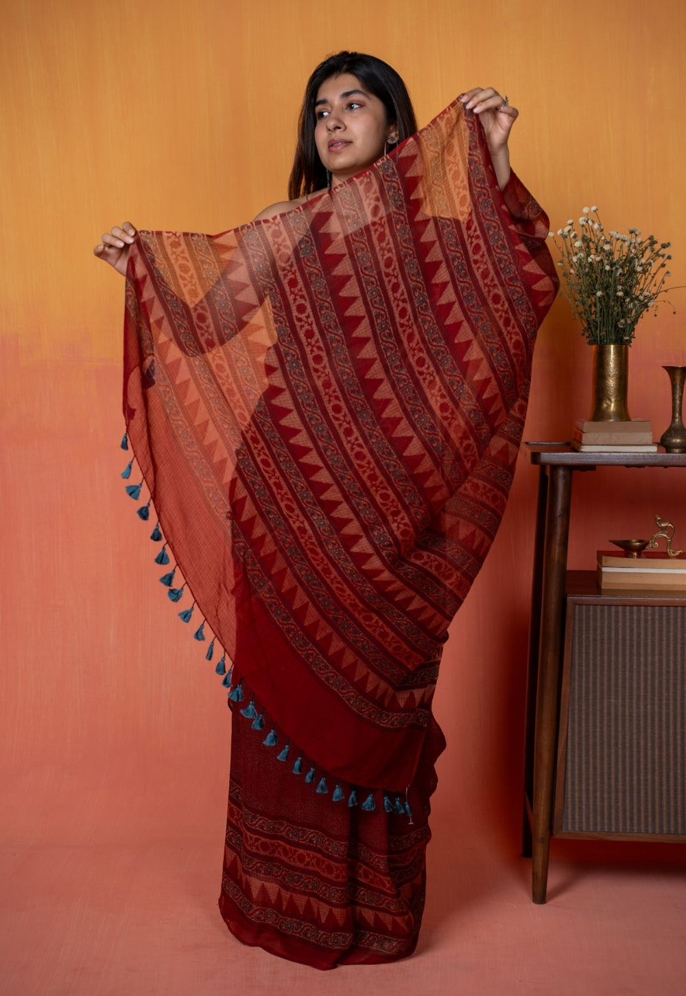 Red Tribal Ajrkah Hand Block Print Kota Doria Cotton Saree