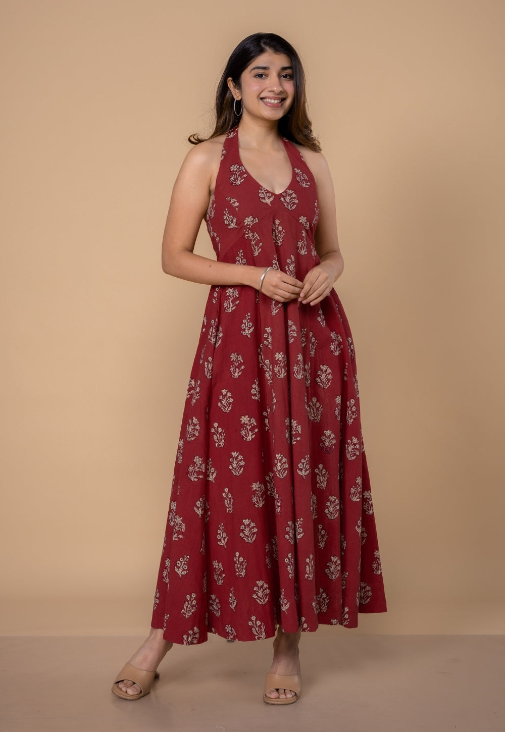 Sanyukta Red Dabu Slub Cotton A Line Dress