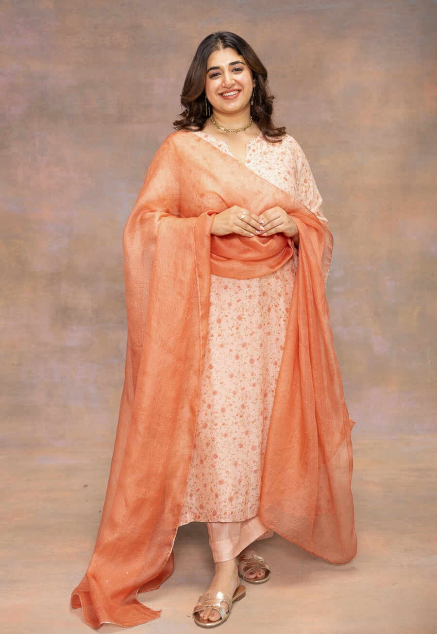 Rosette Orange Sanganeri Chanderi Silk A Line Kurta