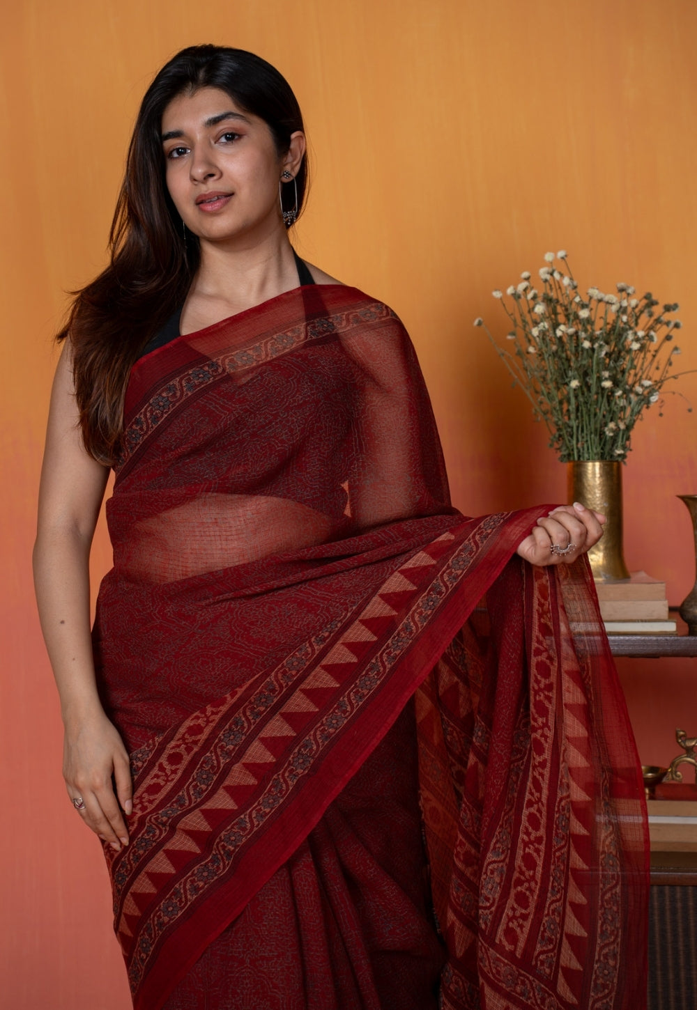 Red Tribal Ajrkah Hand Block Print Kota Doria Cotton Saree