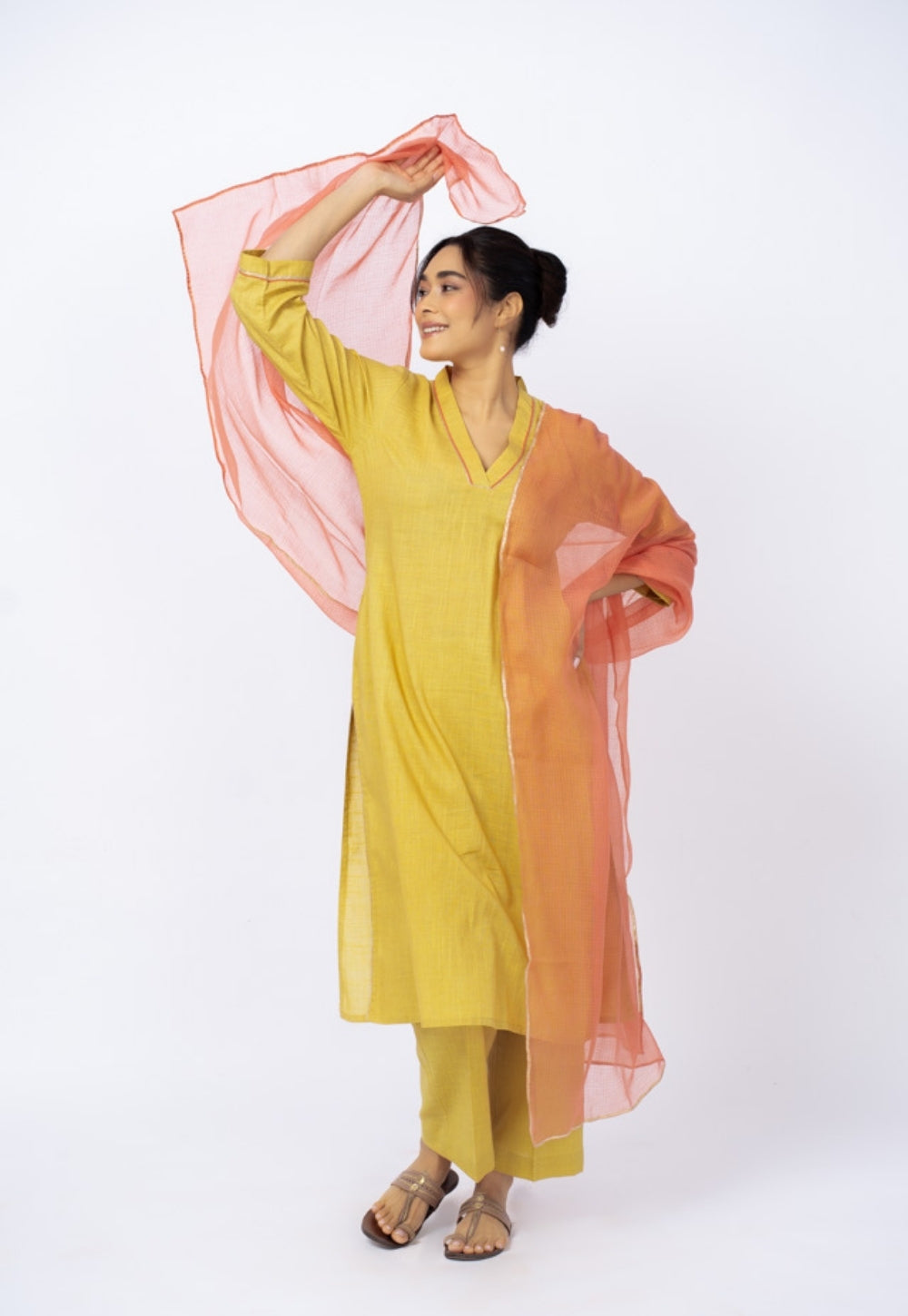 Zeenat Yellow Solid Slub Cotton Straight Kurta Suit Set with Solid Dupatta (Set of 3)