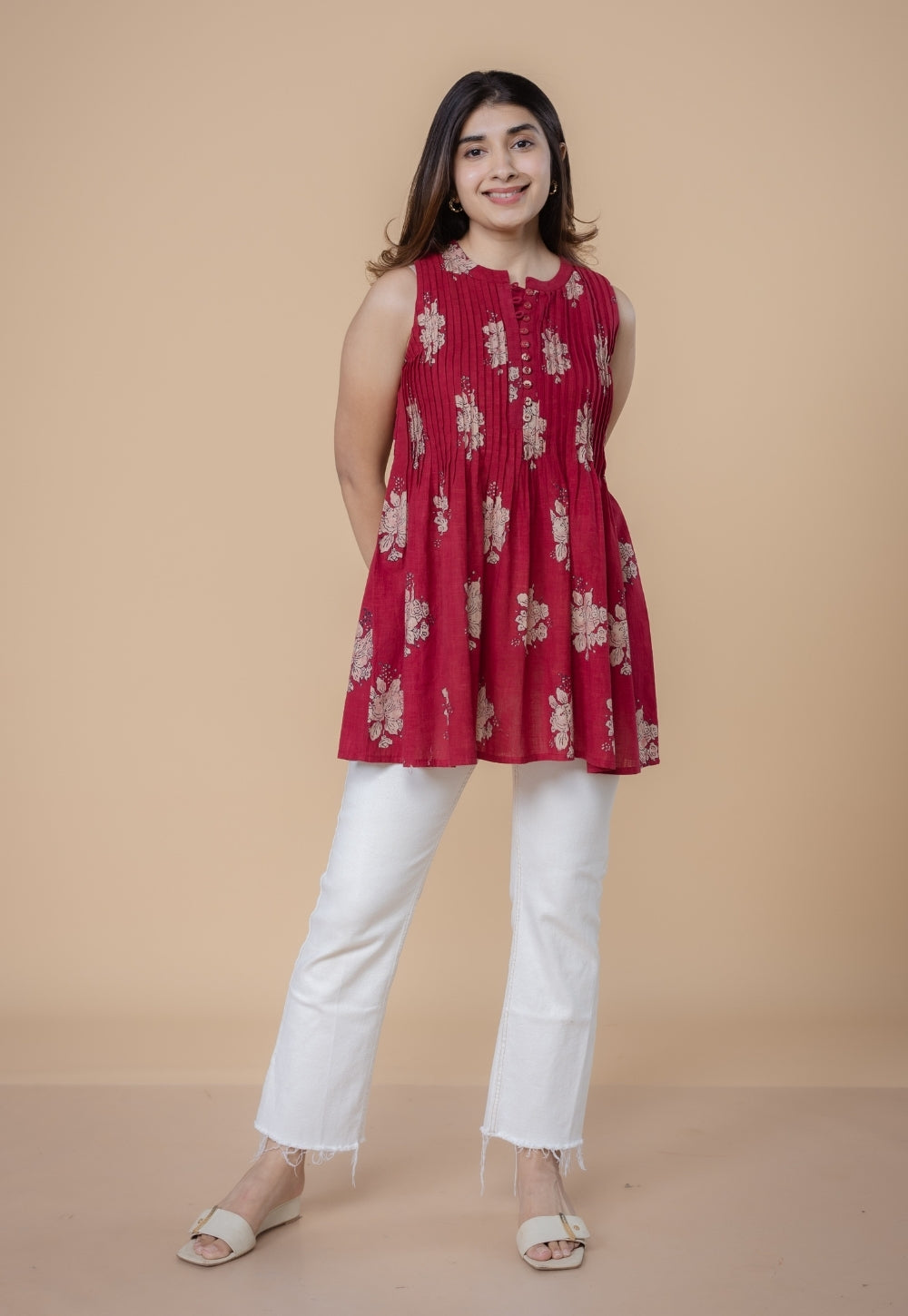 Ryza Red Dabu Slub Cotton A Line Short Top