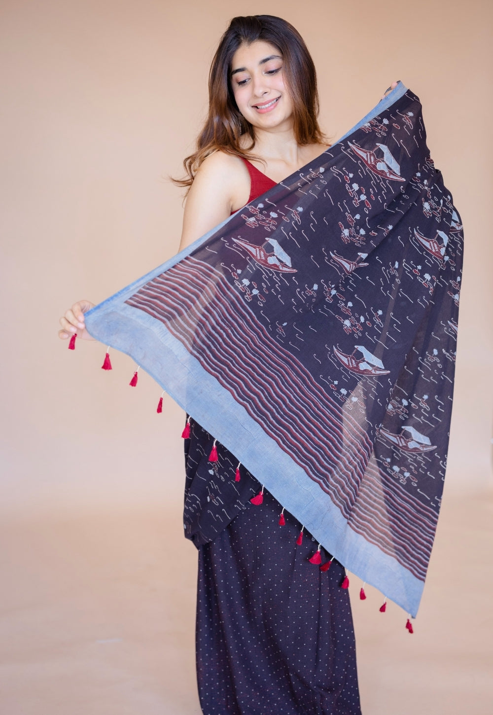 Black Boat Ajrakh Hand Block Print Mul Saree