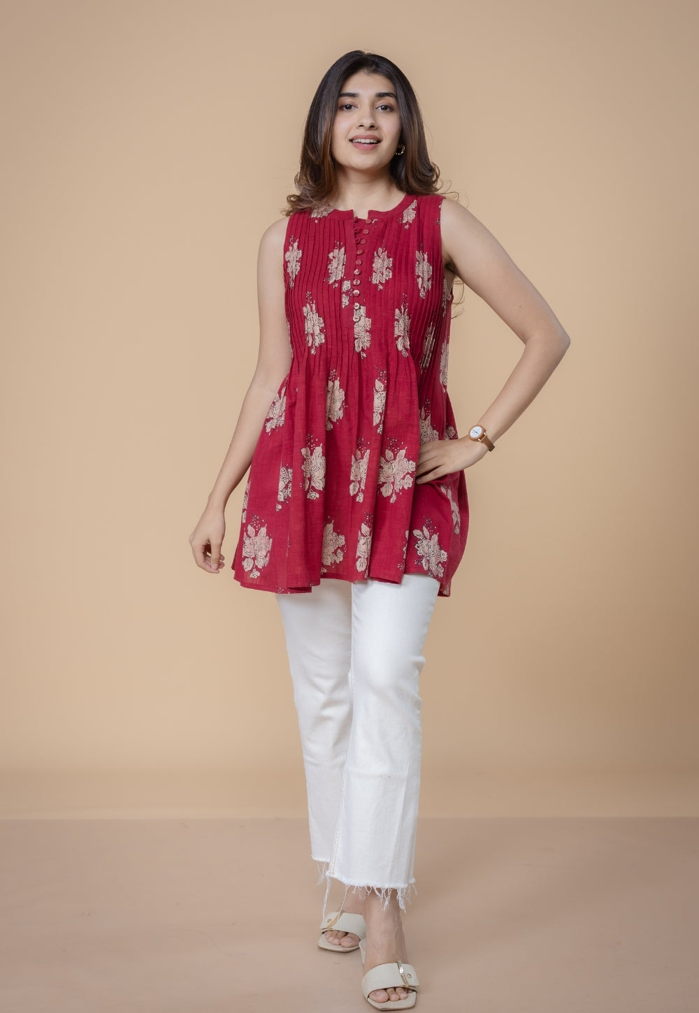 Ryza Red Dabu Slub Cotton A Line Short Top