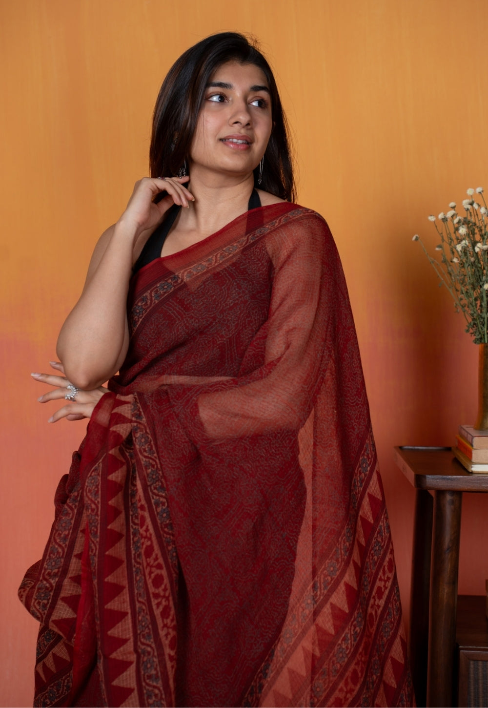 Red Tribal Ajrkah Hand Block Print Kota Doria Cotton Saree