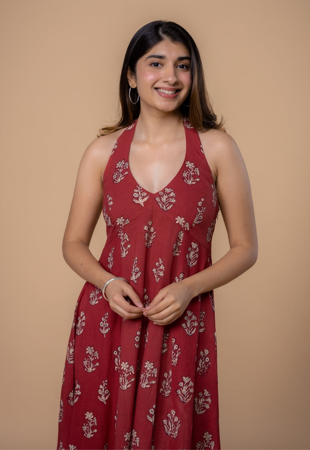 Sanyukta Red Dabu Slub Cotton A Line Dress