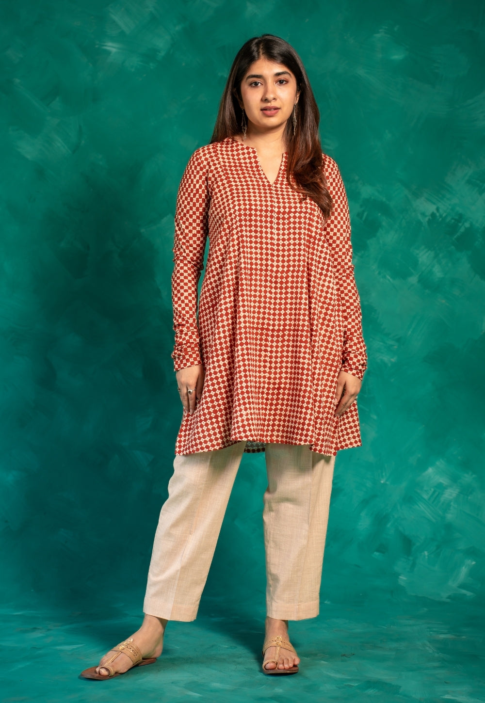 Netra Red Bagru Cotton A Line Short Top