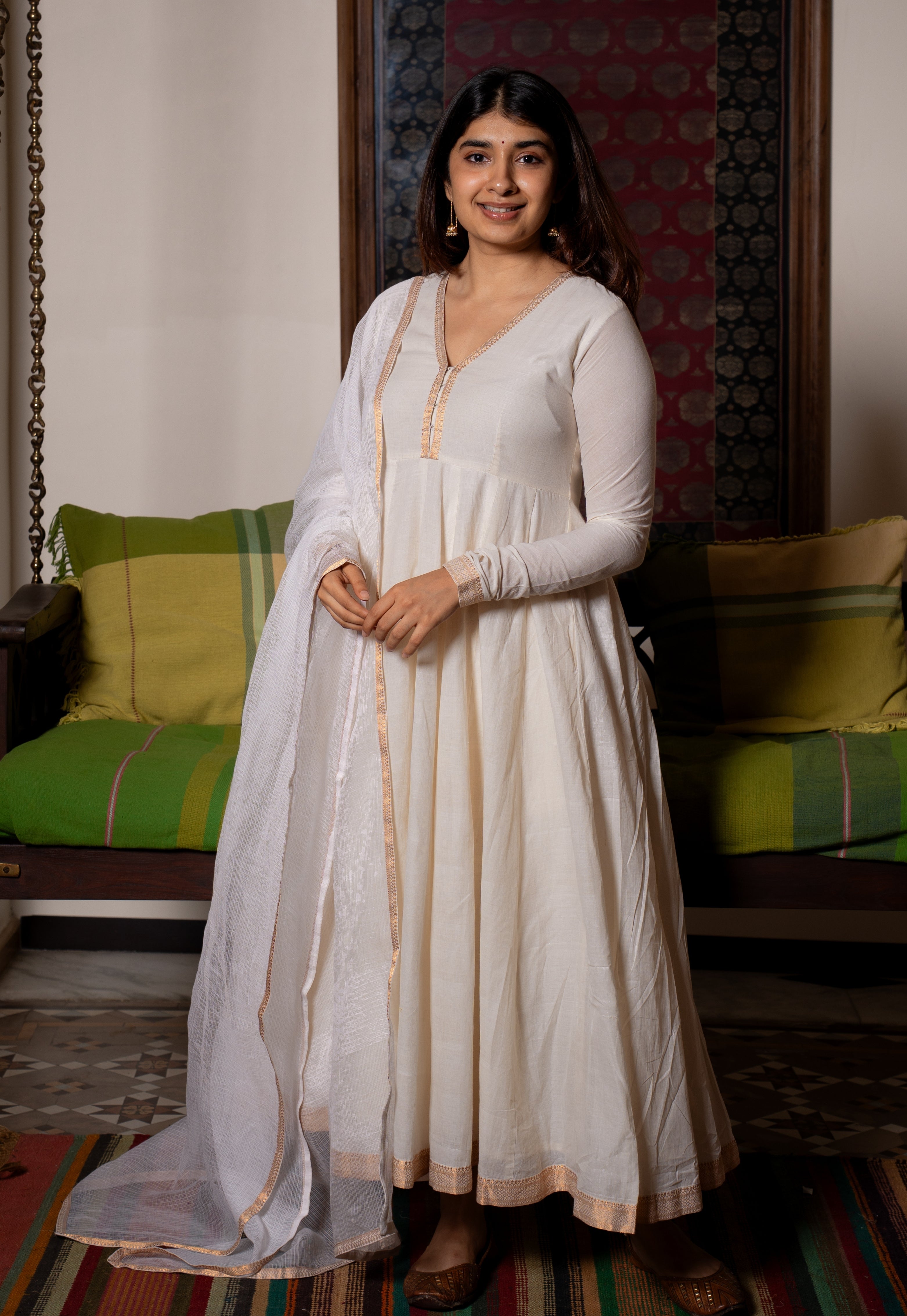 Off White Solid Kota Doria Cotton Dupatta with Mangalgiri Border
