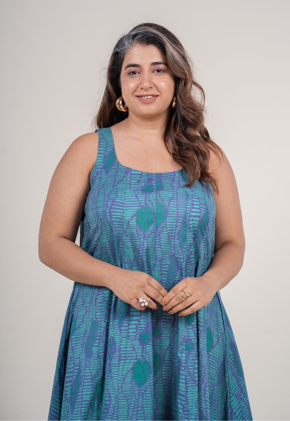 Tira Teal Blue Printed Cotton A Line Dress