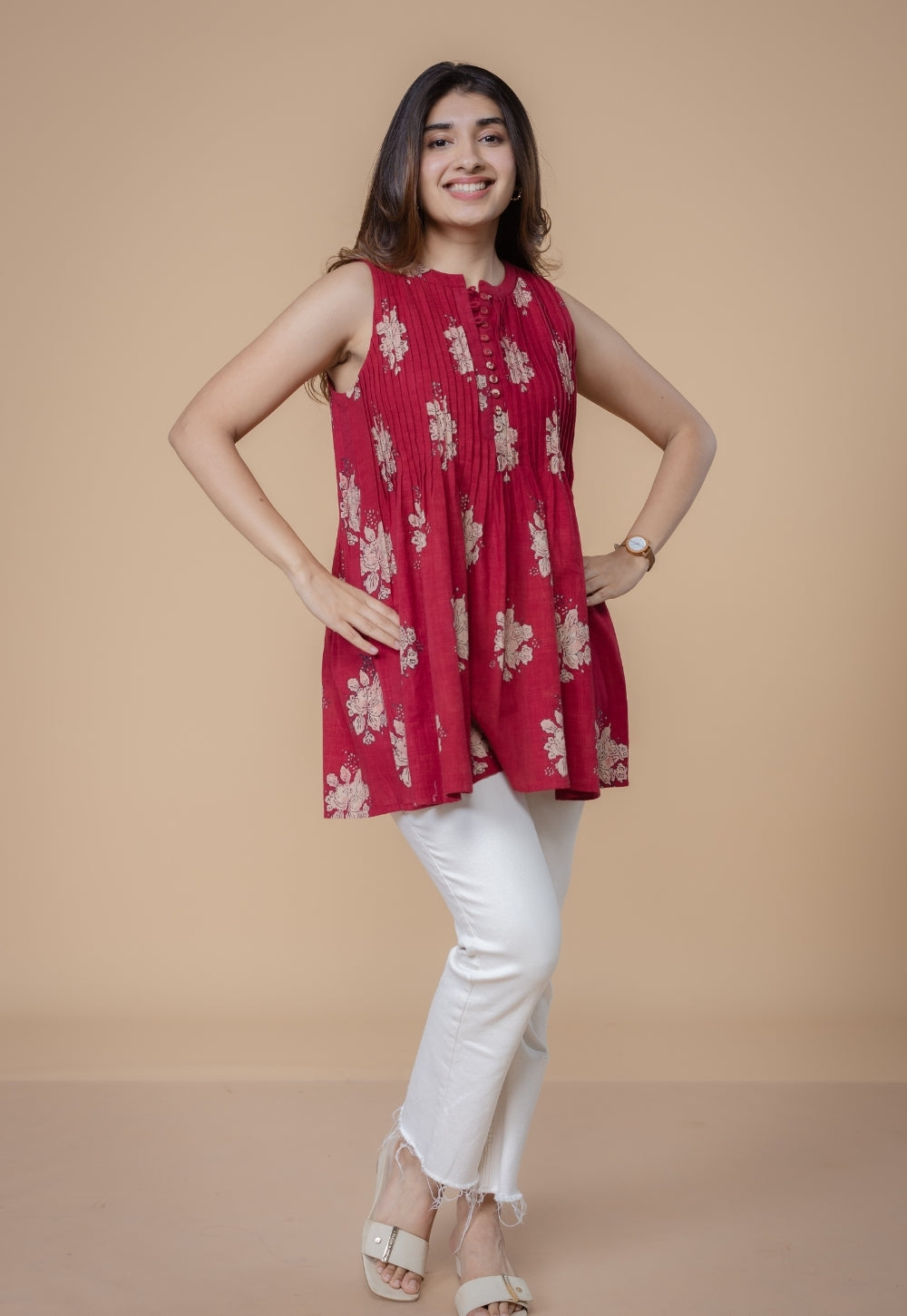 Ryza Red Dabu Slub Cotton A Line Short Top