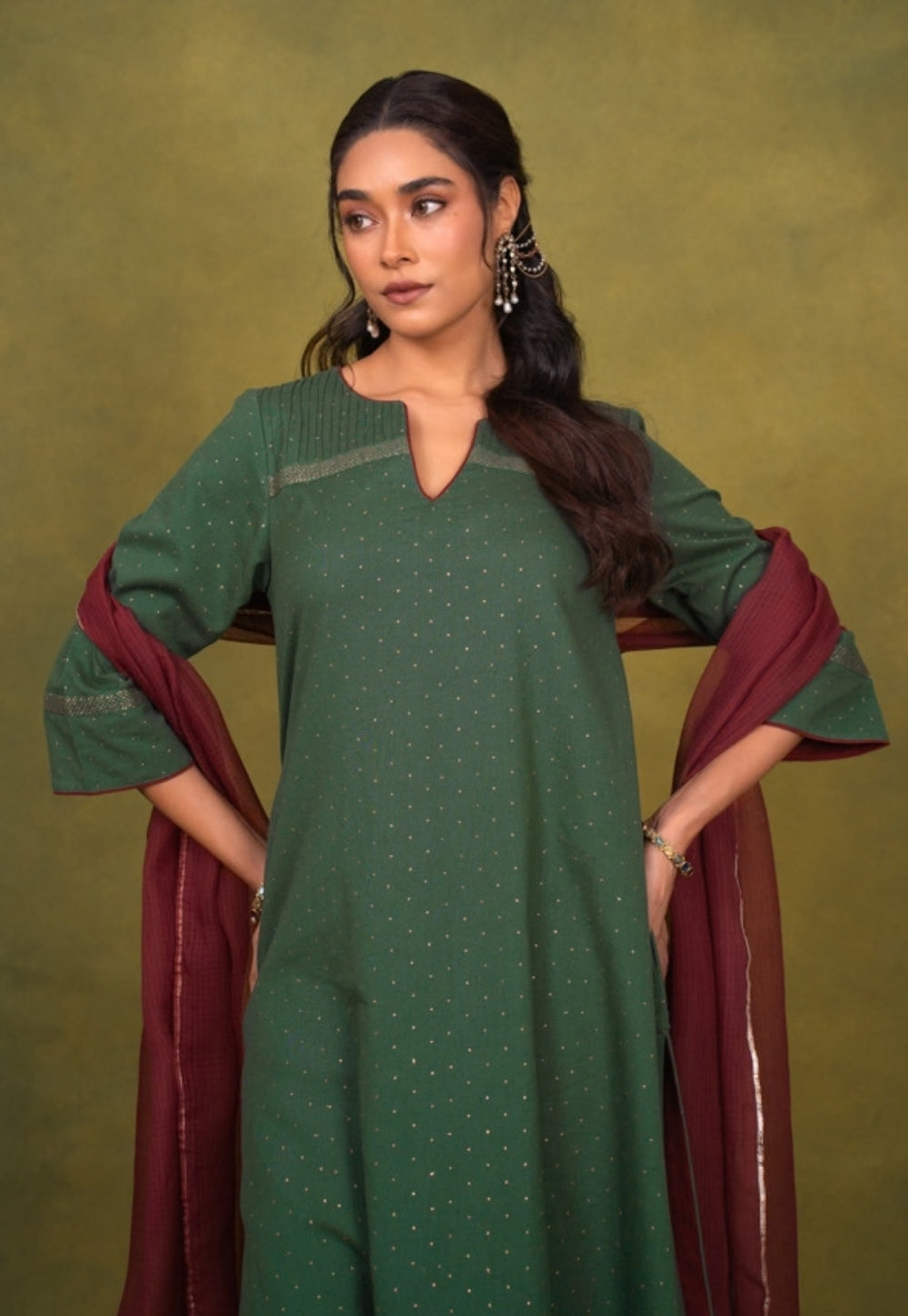 Ishira Green Rogan Handblock Printed Cotton Straight Kurta Suit Set (Set of 3)