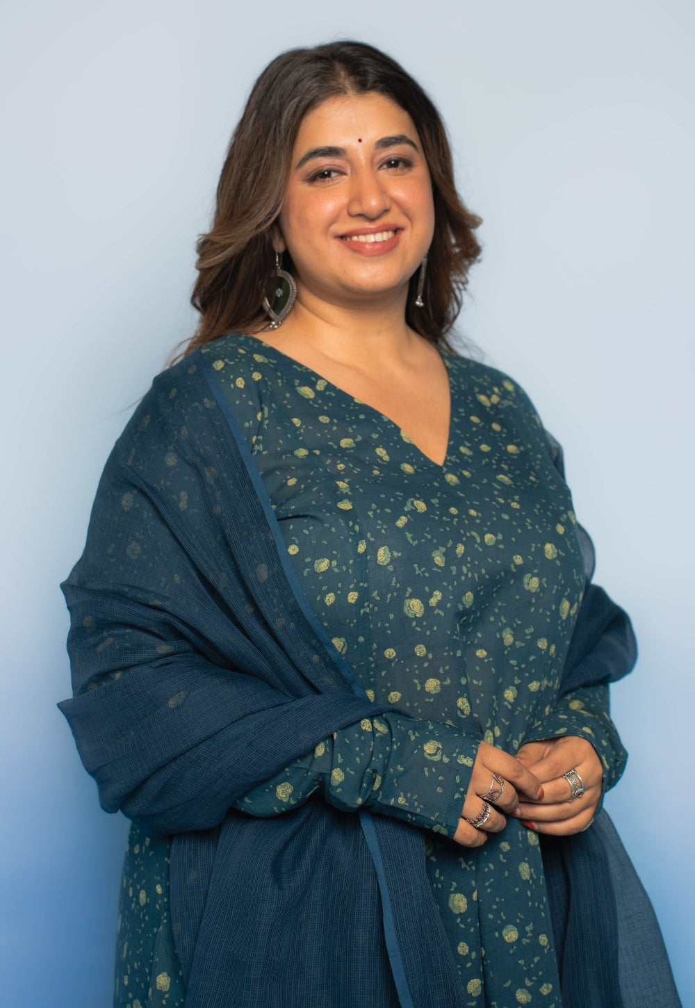 Vina Teal Blue Dabu Mul Cotton Kali Kurta