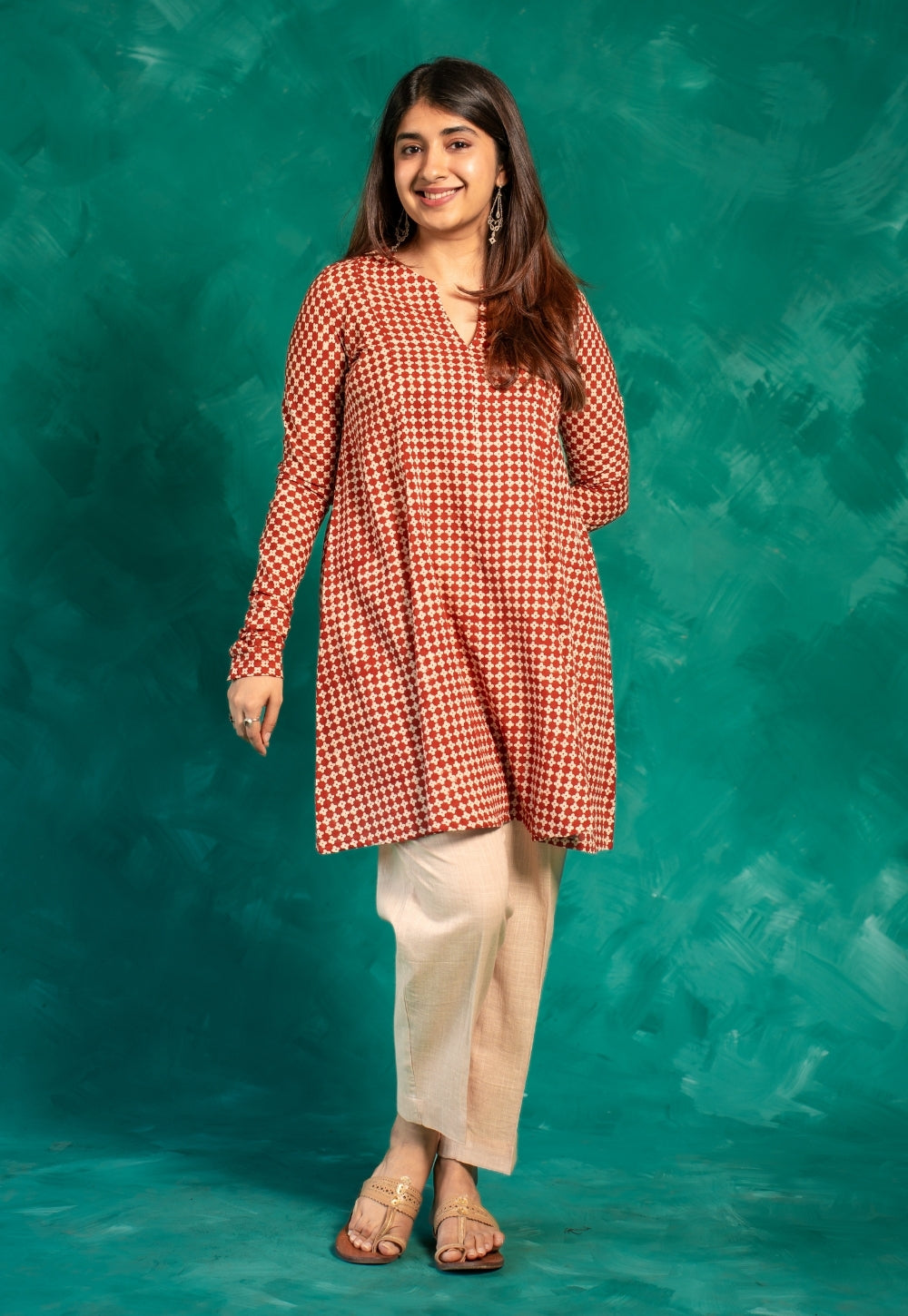 Netra Red Bagru Cotton A Line Short Top