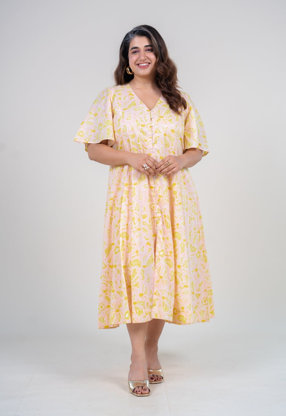 Leah Peach Printed Mul A Line Dress