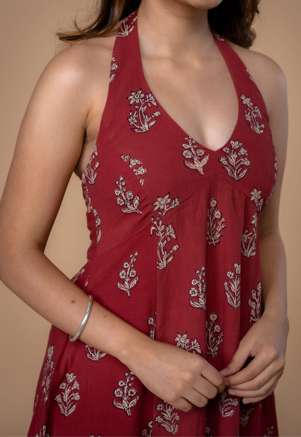 Sanyukta Red Dabu Slub Cotton A Line Dress