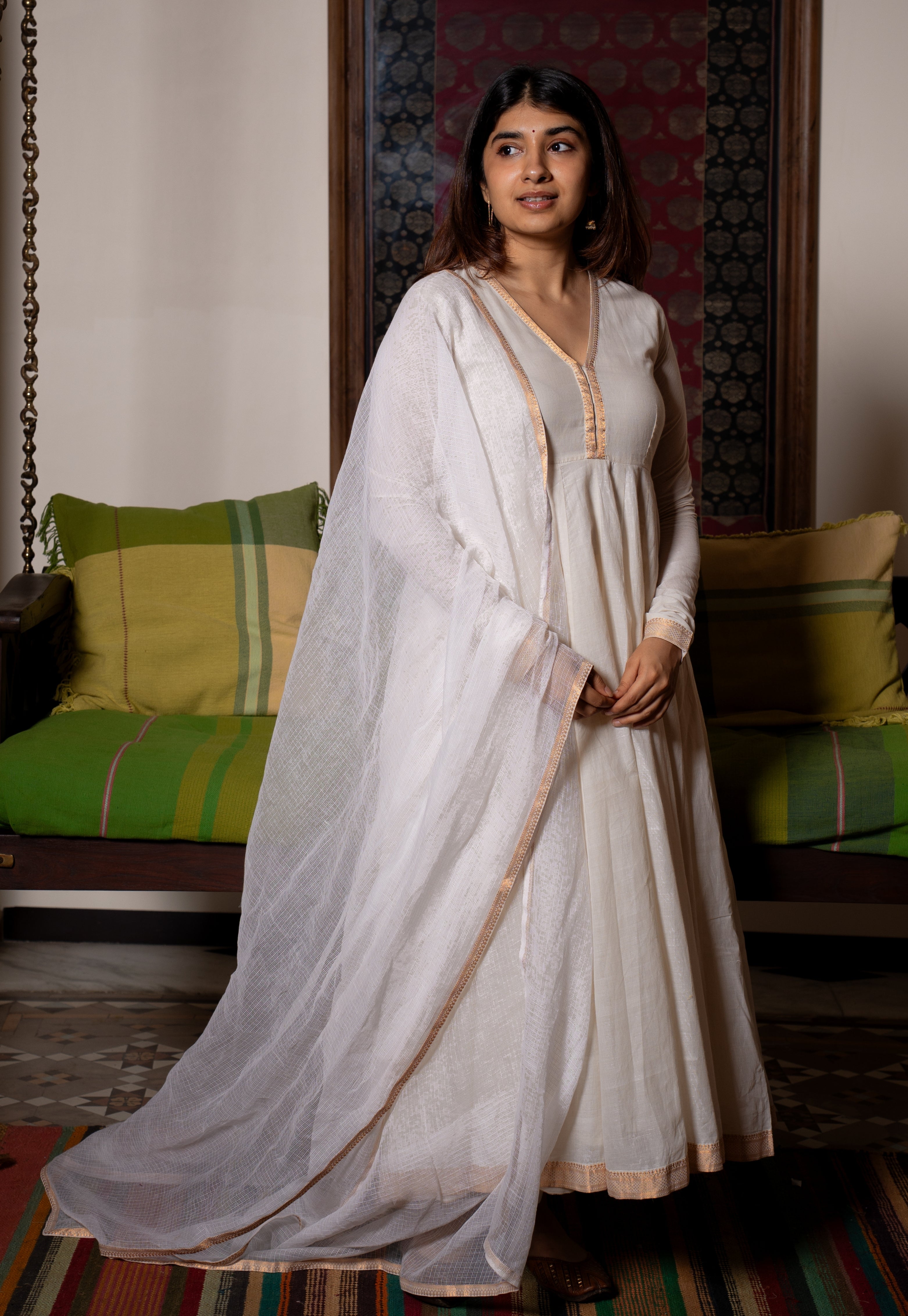 Off White Solid Kota Doria Cotton Dupatta with Mangalgiri Border