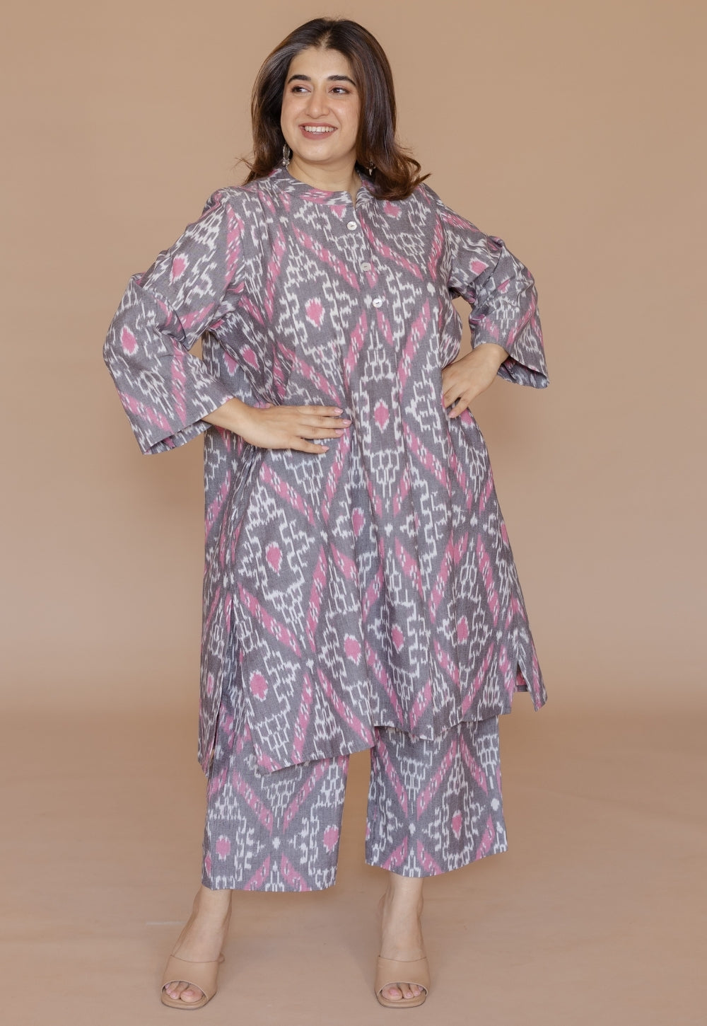 Ayaat Grey Handloom Ikkat Cotton Straight Co-Ord Set