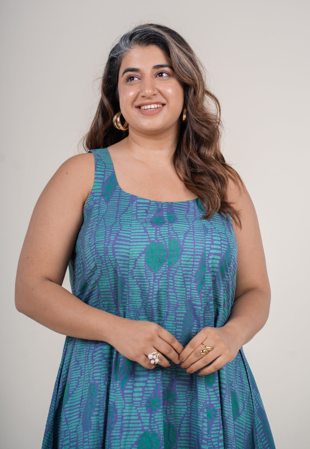 Tira Teal Blue Printed Cotton A Line Dress
