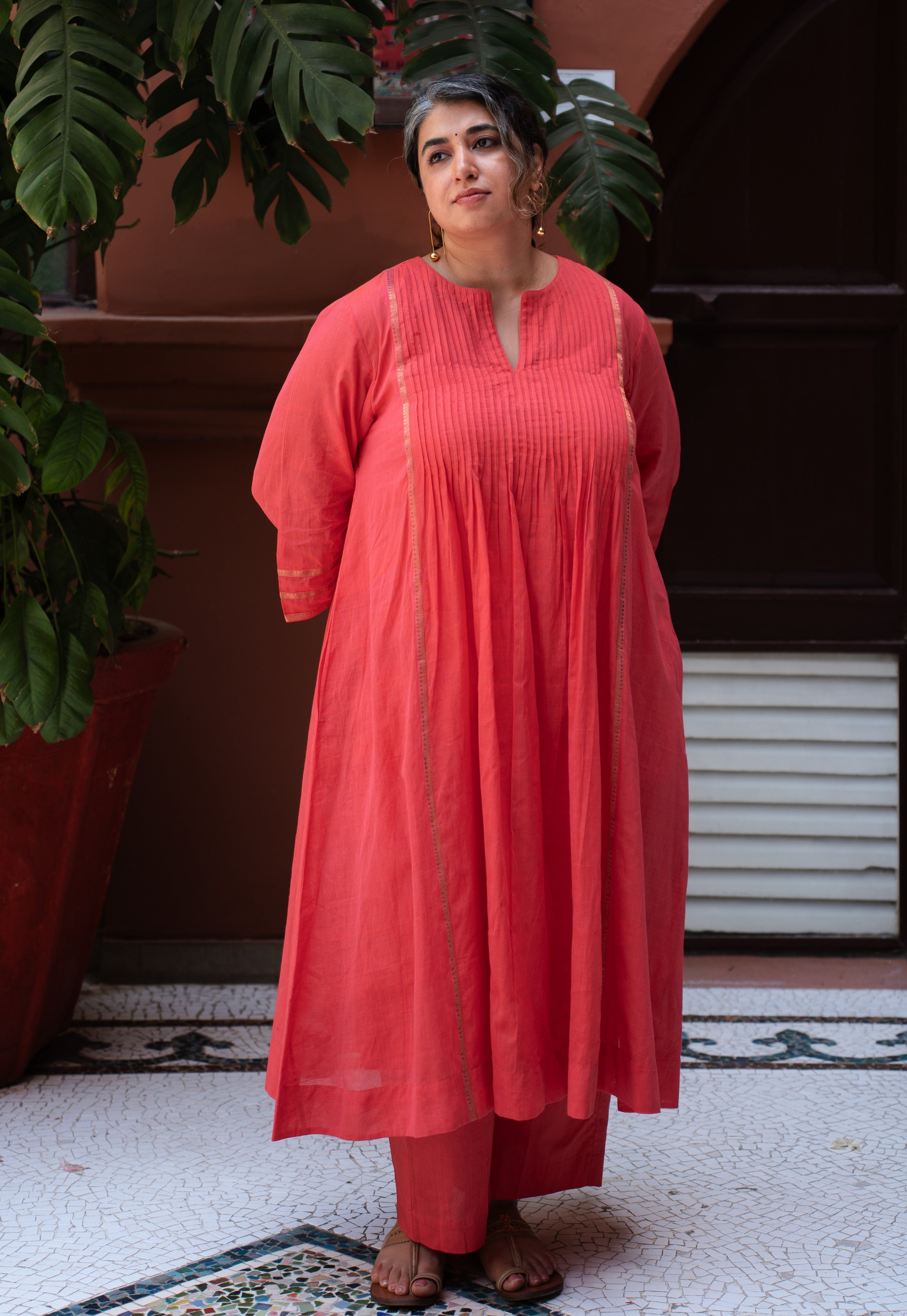 Ruhza Orange Mangalgiri Cotton Kali Kurta with Nizam Border