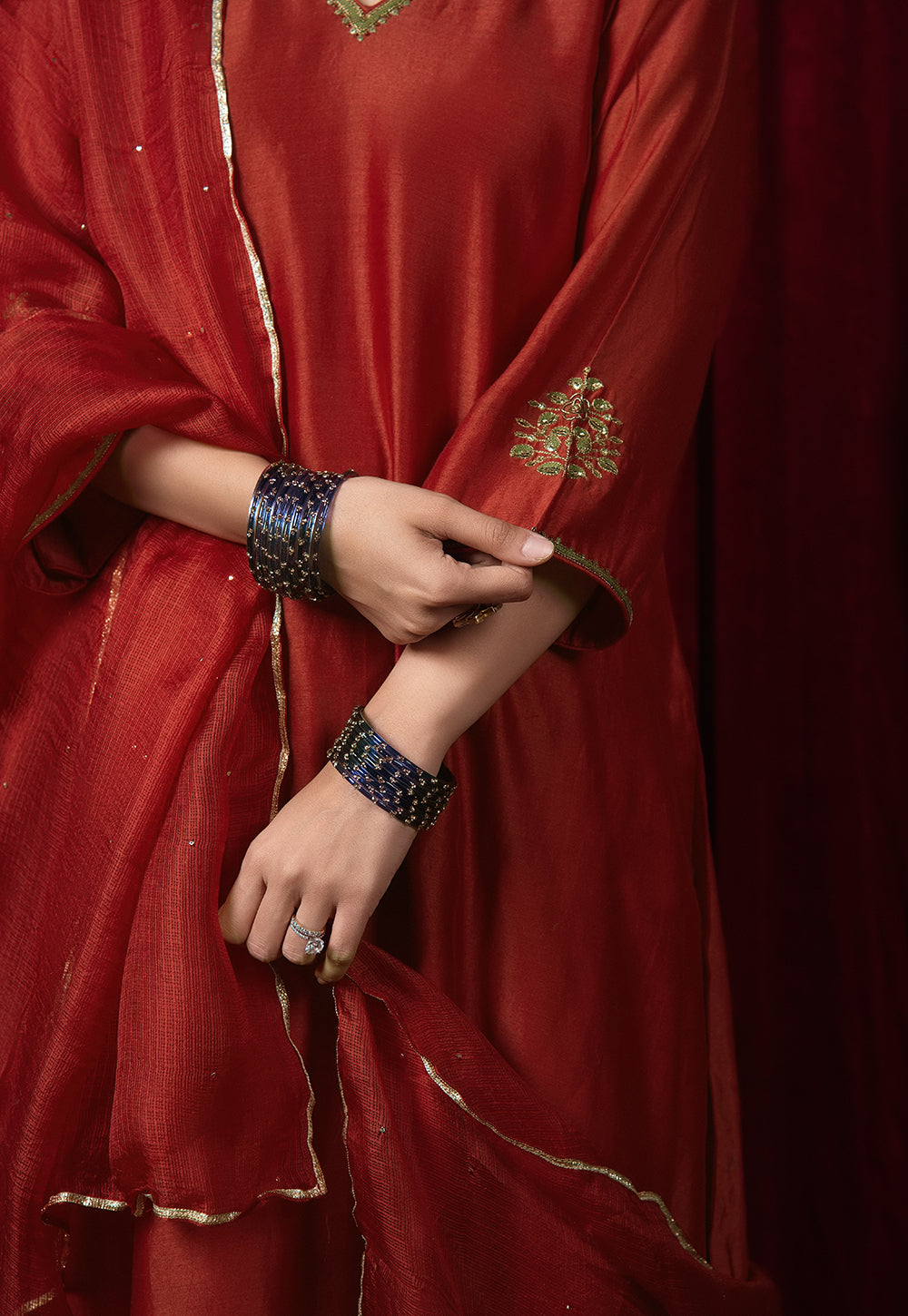 Cherry Red Solid Kota Doria Silk Dupatta with Mukaish Embroidery