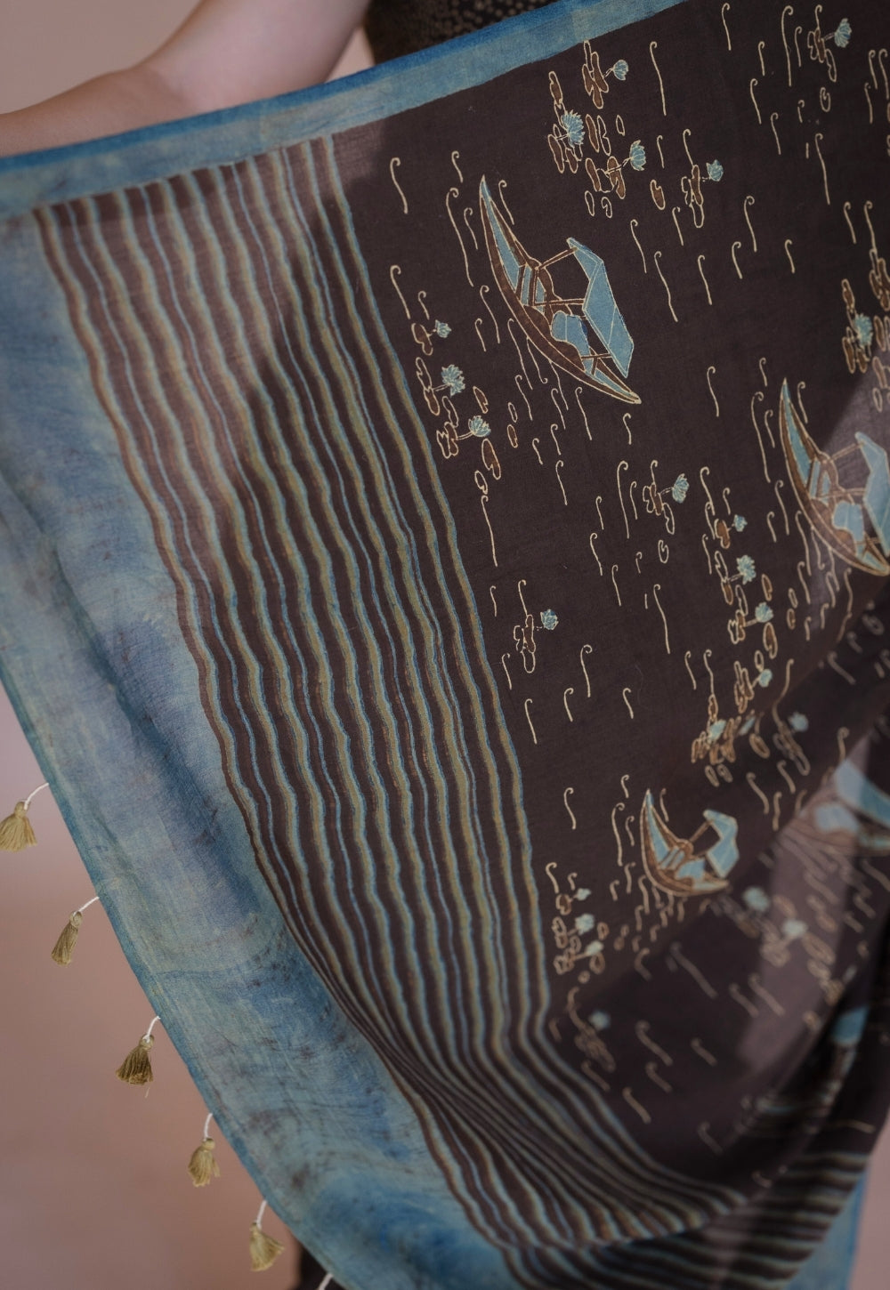 Brown Boat Ajrakh Hand Block Print Mul Saree