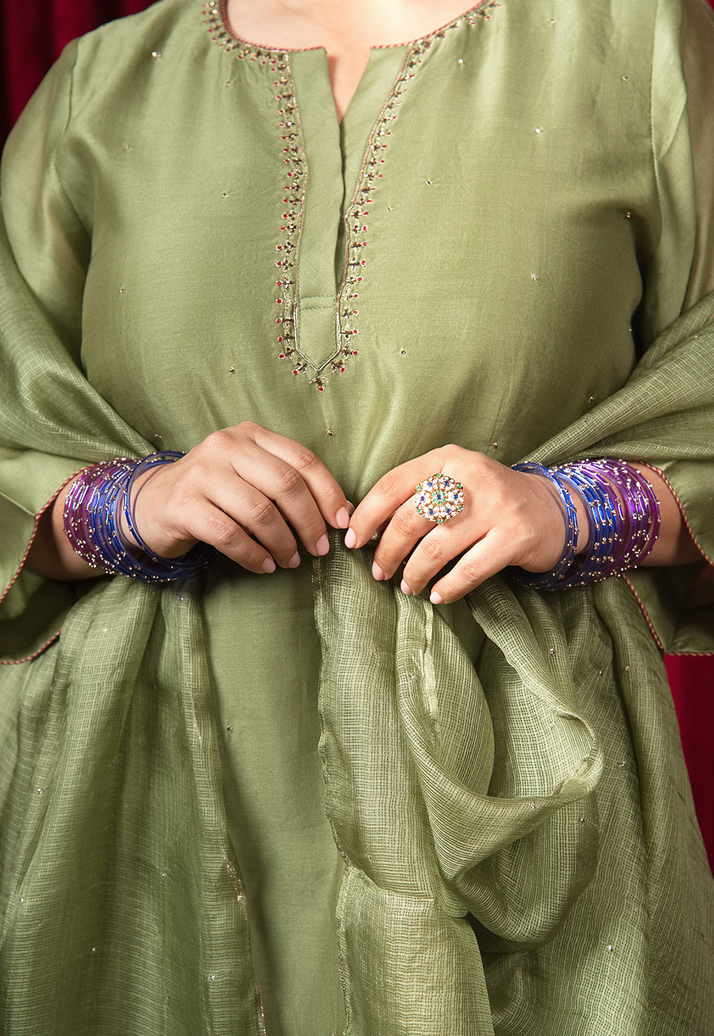 Olive Green Solid Kota Doria Silk Dupatta with Mukaish Embroidery
