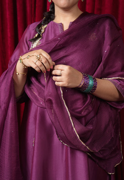 Purple Solid Kota Doria Silk Dupatta with Mukaish Embroidery