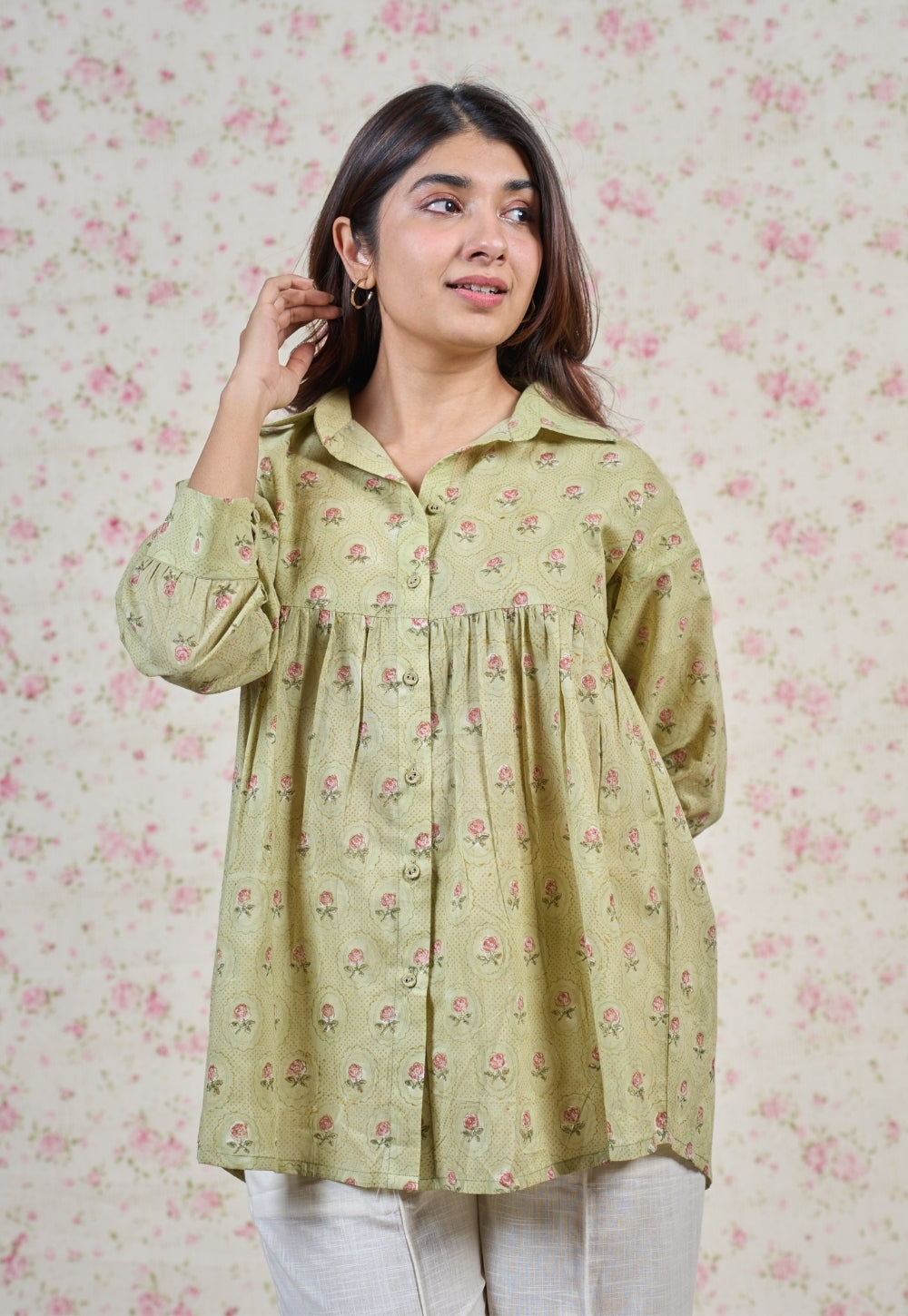 Enola Green Sanganeri Mul Cotton Straight Short Top