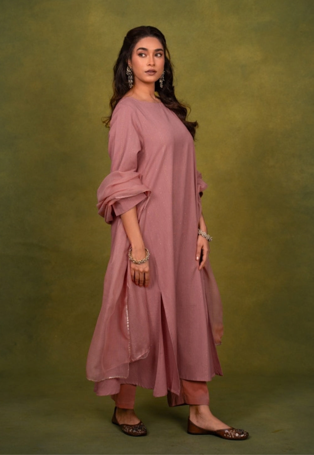 Eram Pink Rogan Handblock Printed Cotton Kali Kurta Suit Set (Set of 3)