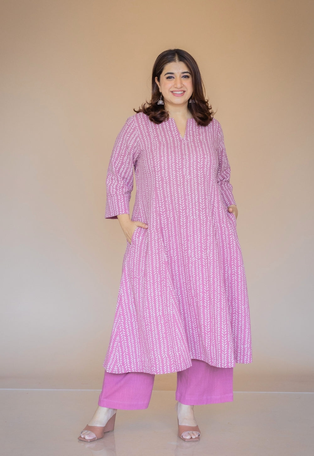 Malika Pink Hand Block Print Slub Cotton Kali Kurta