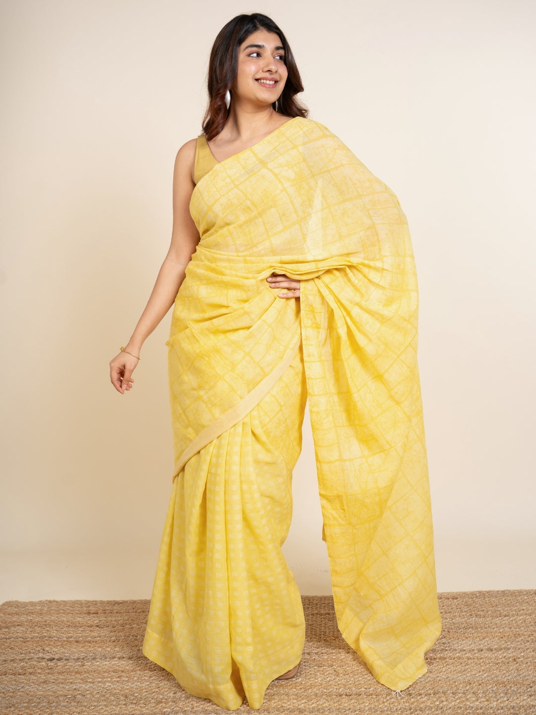 Isra Yellow Batik Hand Block Print Mul Cotton Saree with Embroidery