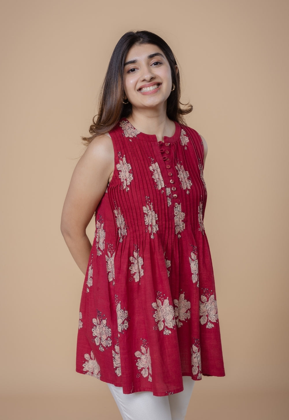 Ryza Red Dabu Slub Cotton A Line Short Top