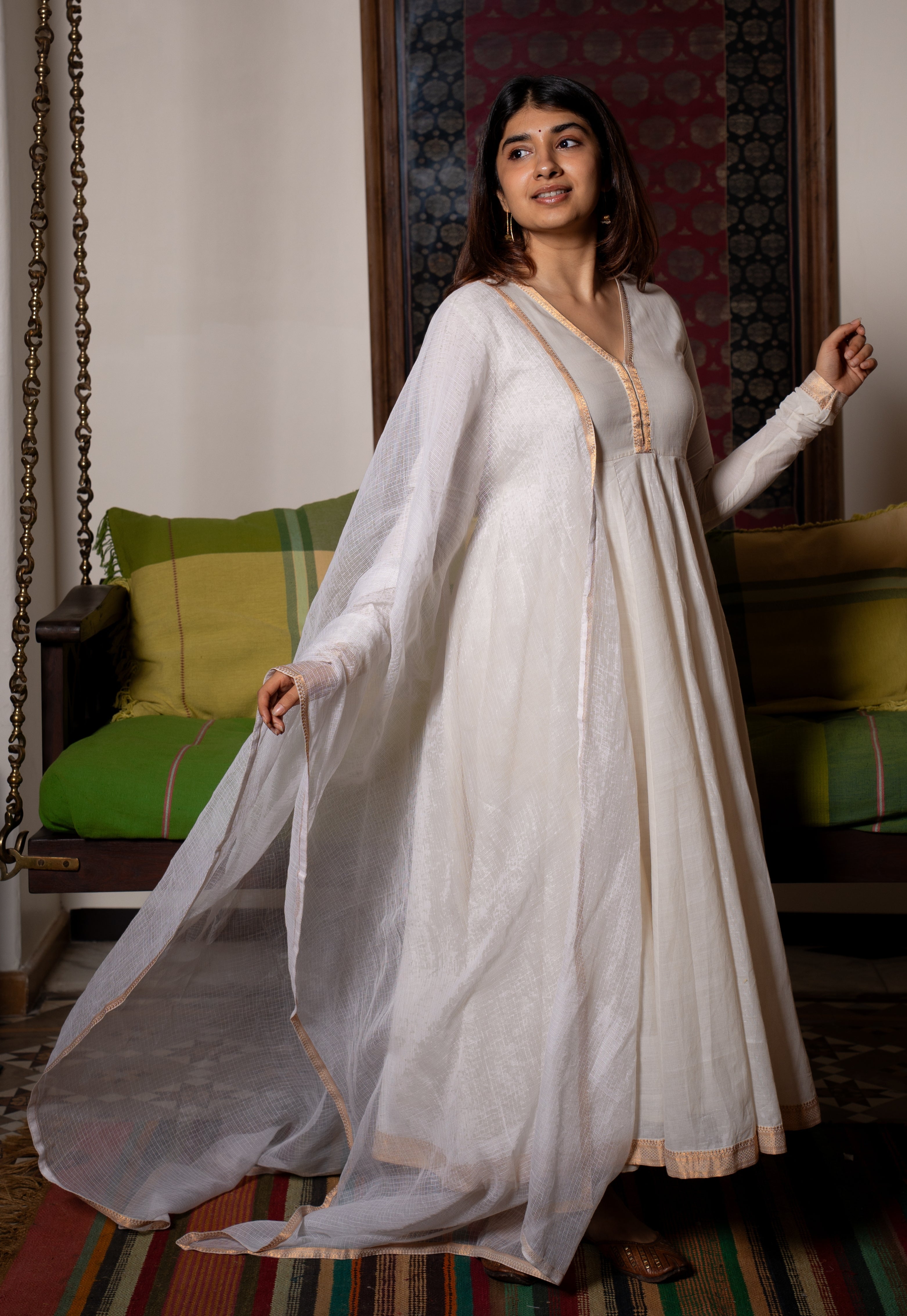 Off White Solid Kota Doria Cotton Dupatta with Mangalgiri Border