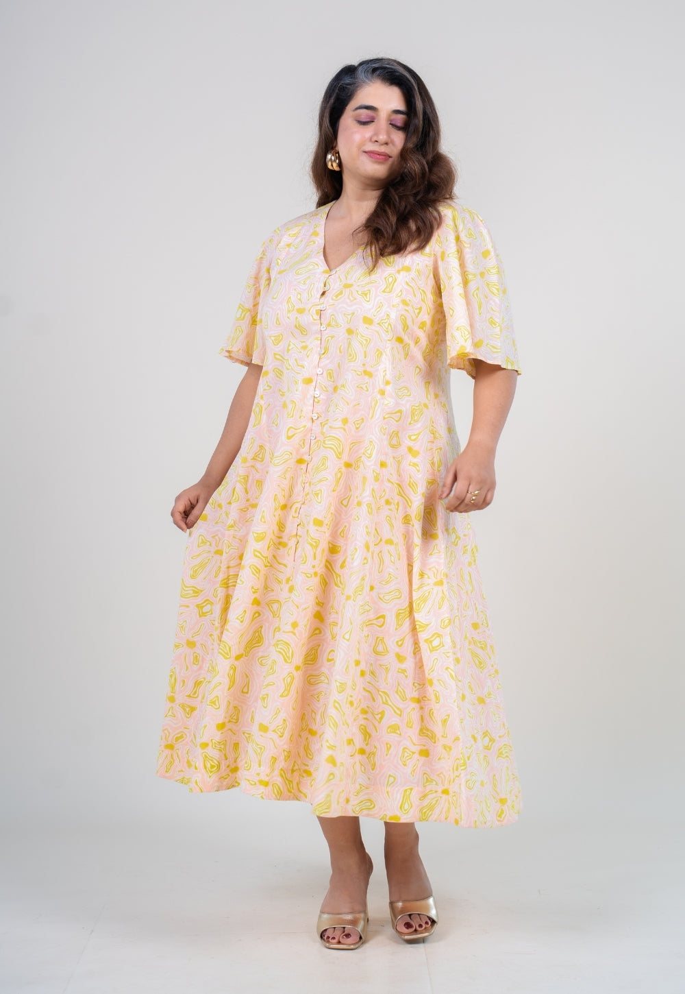 Leah Peach Printed Mul A Line Dress