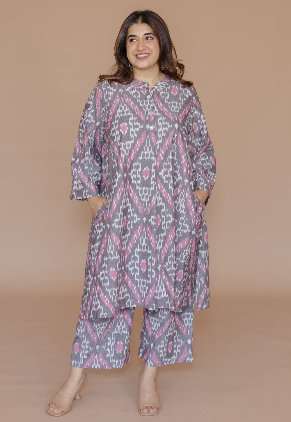 Ayaat Grey Handloom Ikkat Cotton Straight Co-Ord Set