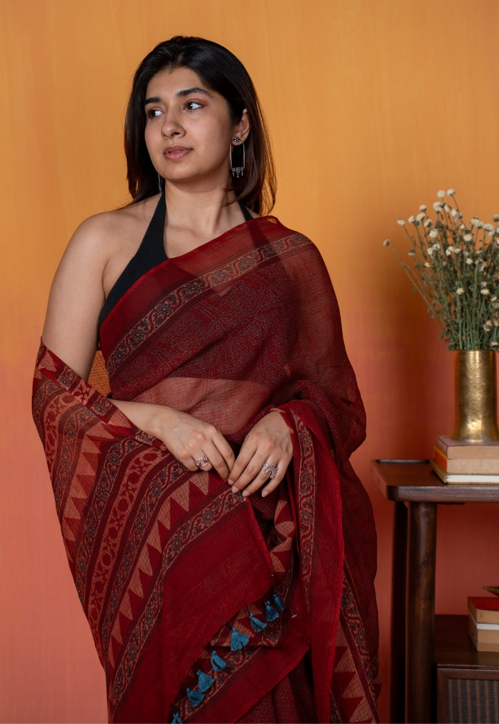 Red Tribal Ajrkah Hand Block Print Kota Doria Cotton Saree