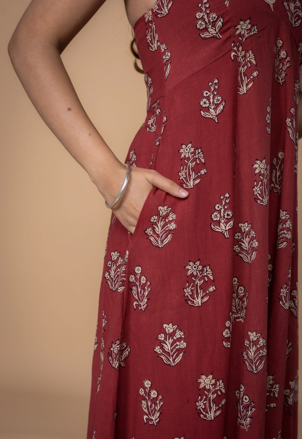 Sanyukta Red Dabu Slub Cotton A Line Dress