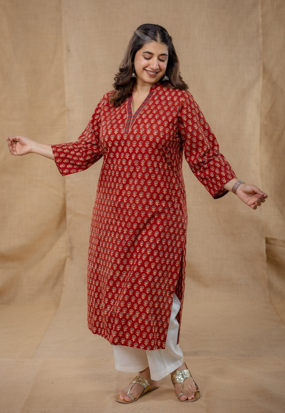 Dia Red Ajrakh Cotton Straight Kurta