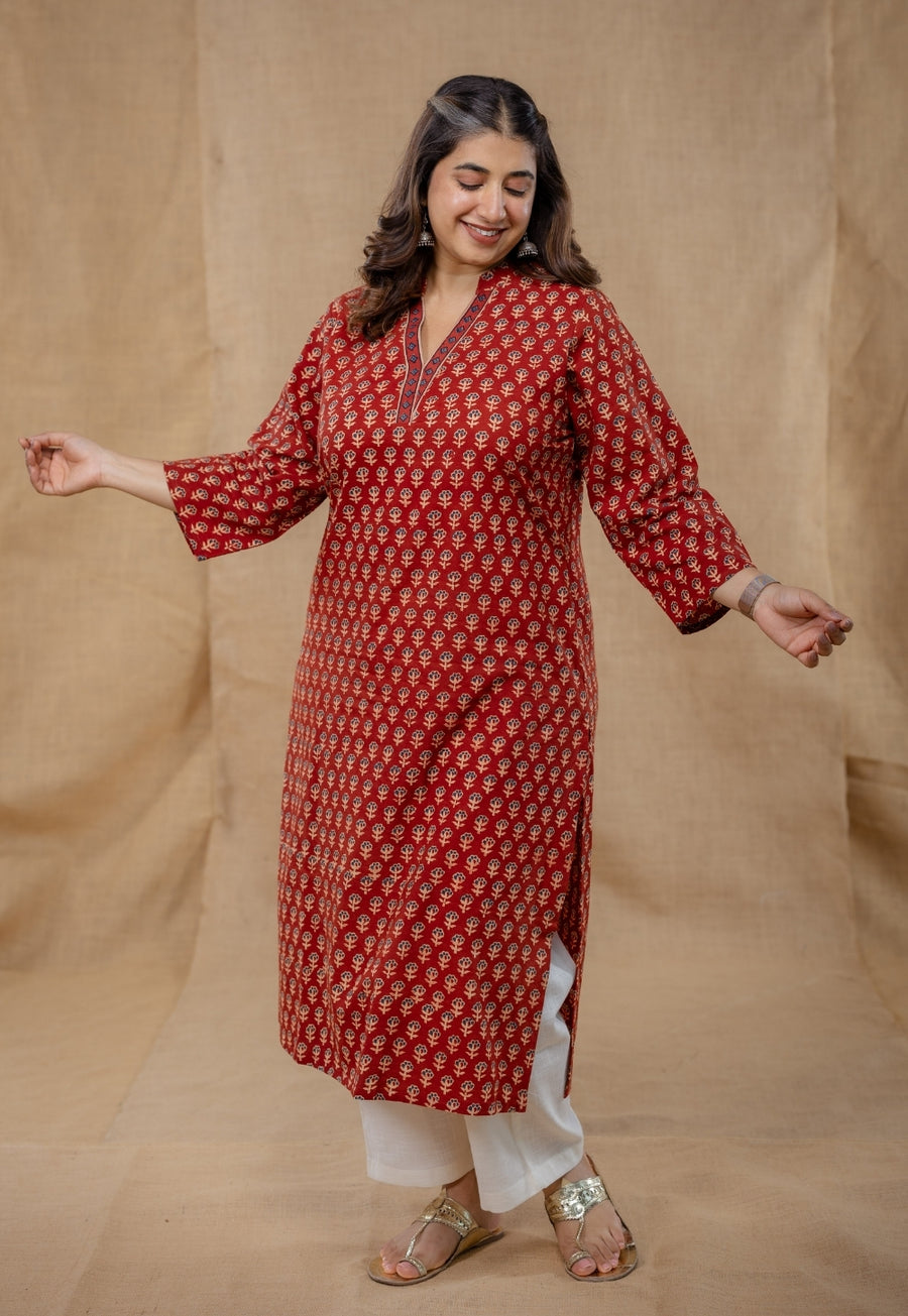Dia Red Ajrakh Cotton Straight Kurta