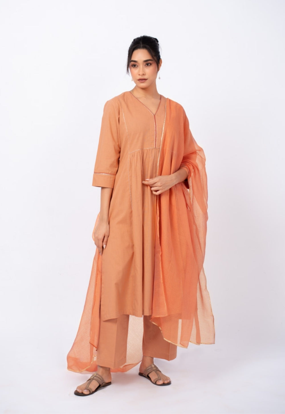 Urvi Orange Solid Slub Cotton Kali Kurta Suit Set with Solid Dupatta (Set of 3)